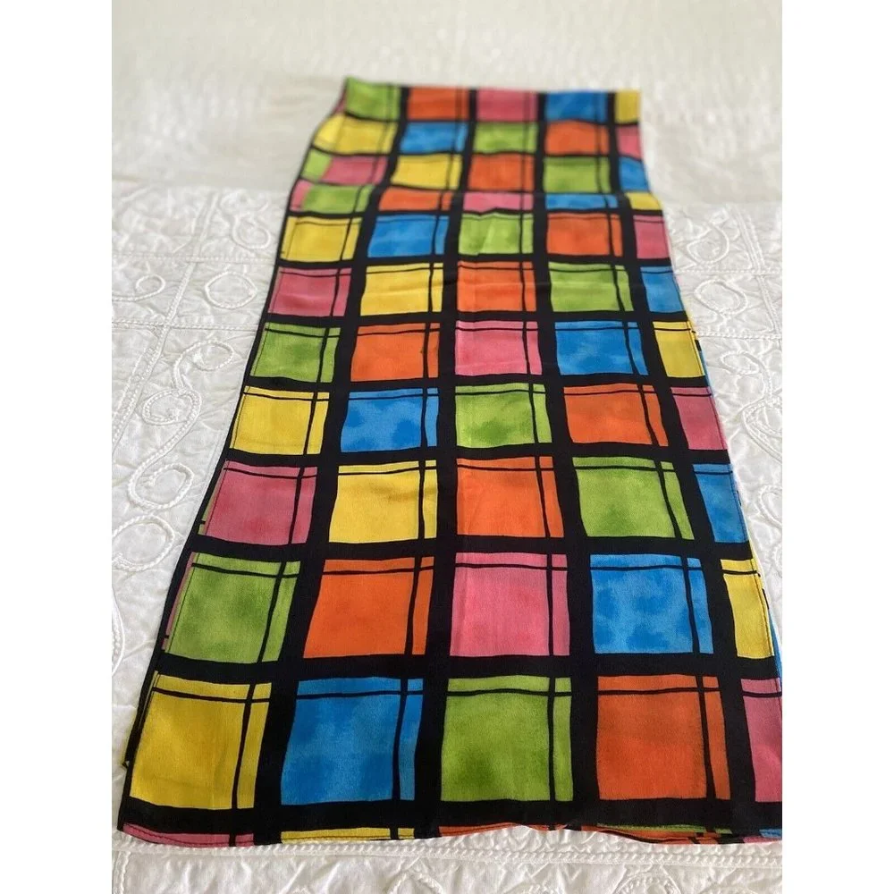 Vintage Travis Ayers Plaid Pattern 100% Silk‎ 12 x 54 Rectangle Scarf Mod Multi